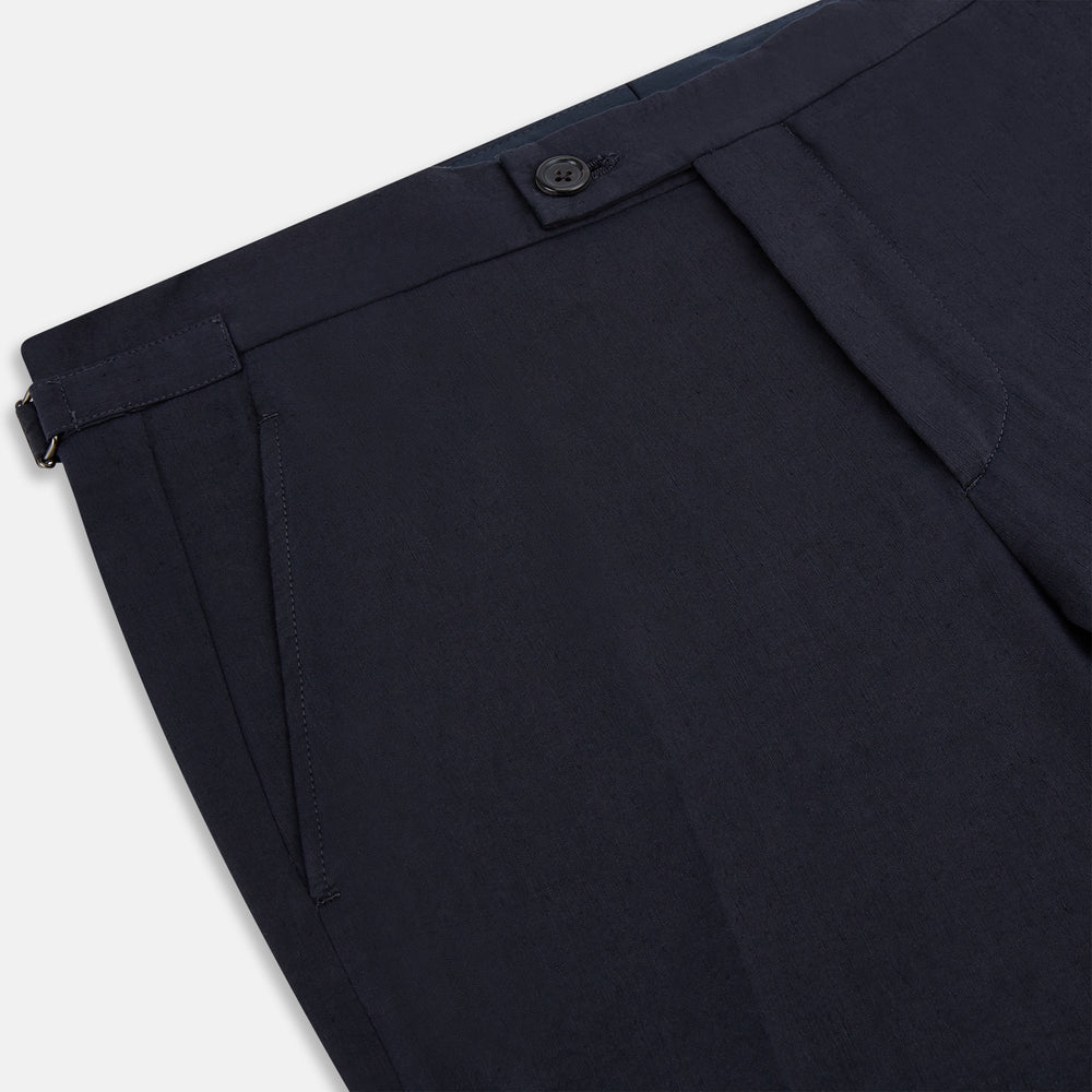 A pair of tailored, straight-leg Navy Linen Blend Henry Trousers by Turnbull & Asser with button and zip closure, displayed against a plain white background.