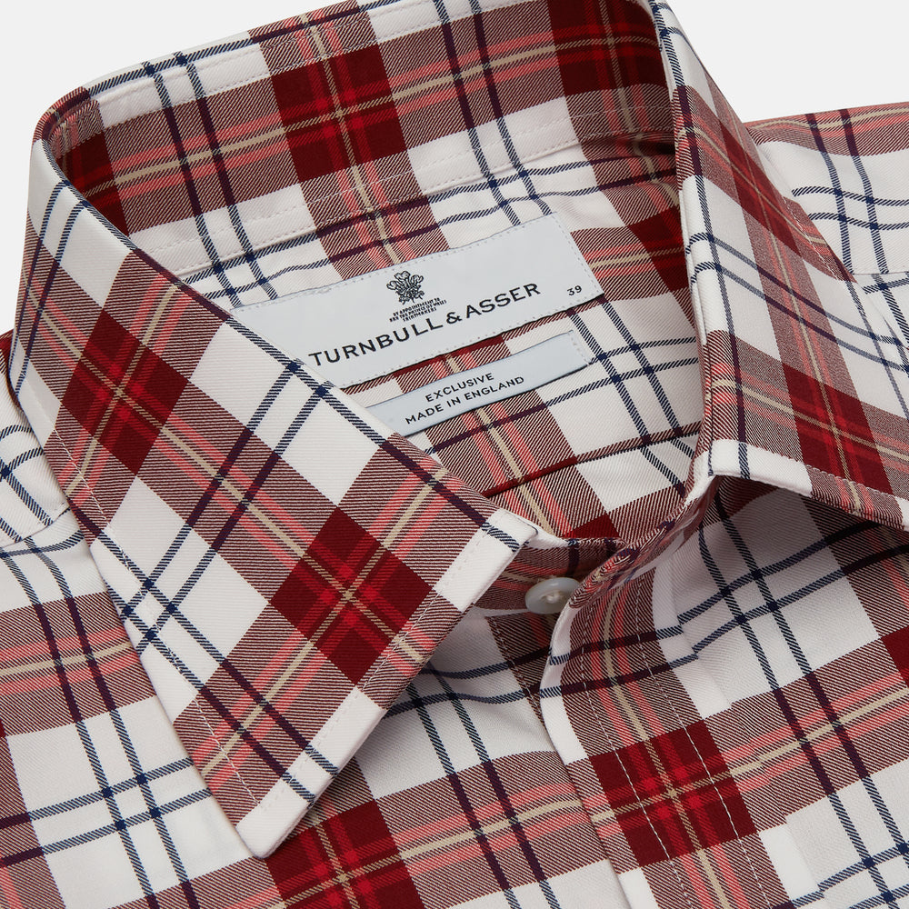 The Turnbull & Asser Red Check Shirt, featuring a T&A collar and 3-button cuffs, is displayed laid flat on a white background.