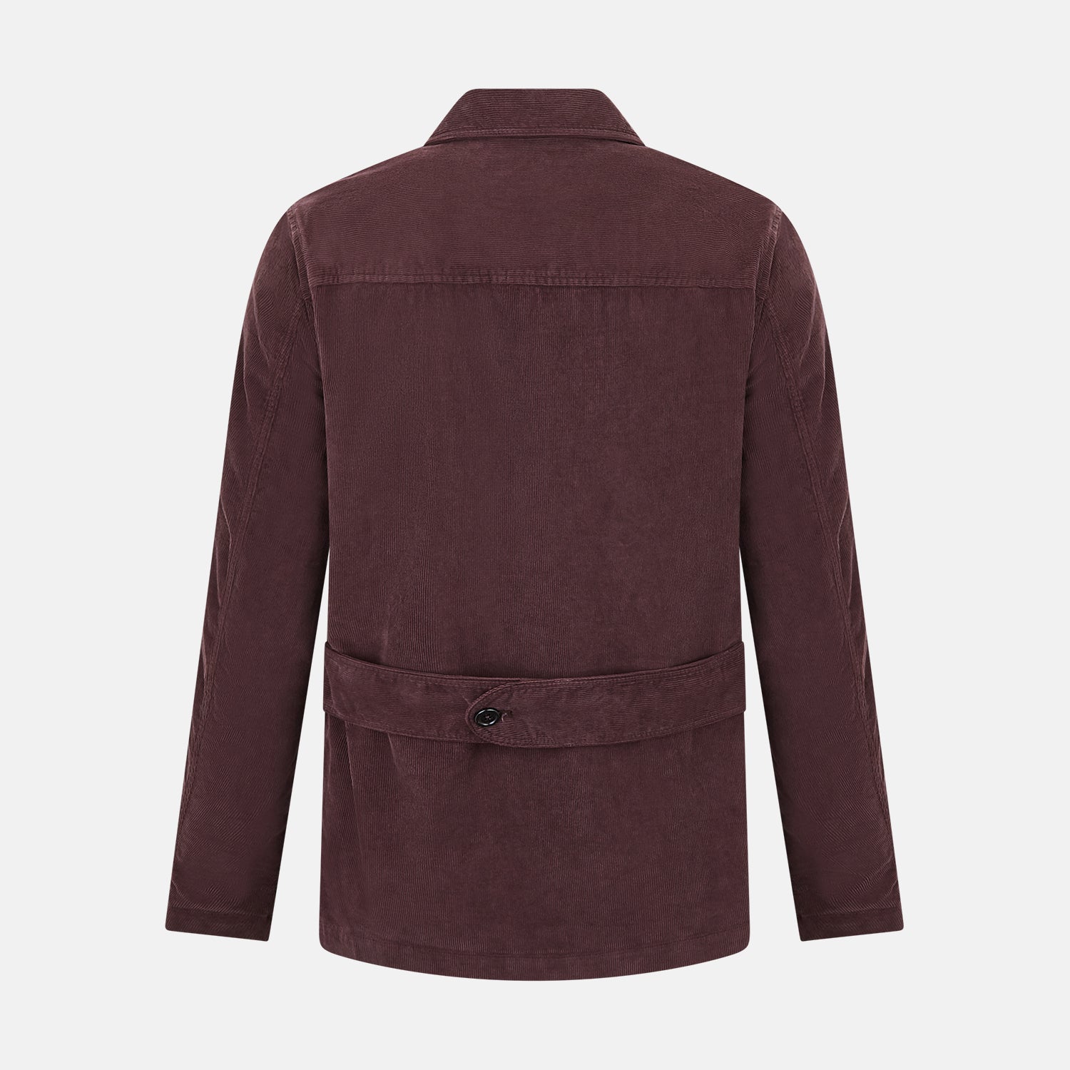 Image 3 of product The Burgundy Kingston Corduroy Caban Jacket by Turnbull & Asser features black buttons, a notched collar, and front pockets. Crafted from premium cotton, it is shown on a plain white background.
