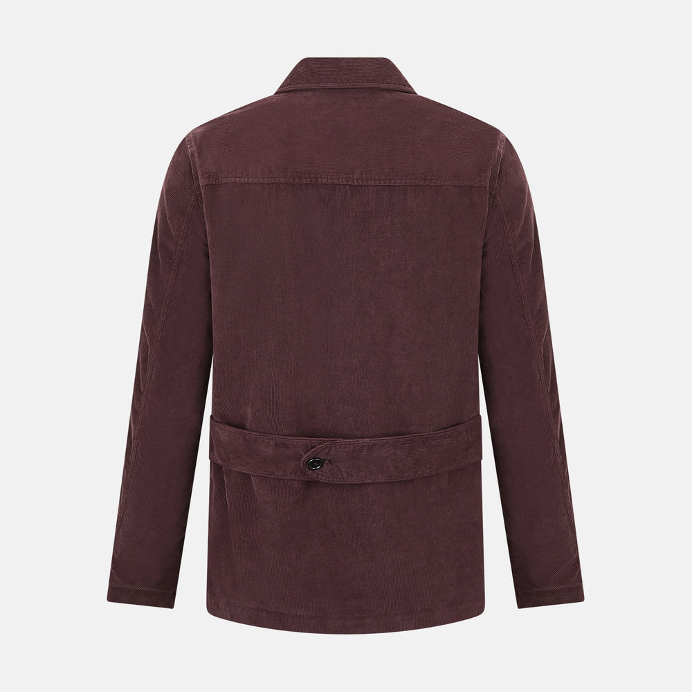The Burgundy Kingston Corduroy Caban Jacket by Turnbull & Asser features black buttons, a notched collar, and front pockets. Crafted from premium cotton, it is shown on a plain white background.