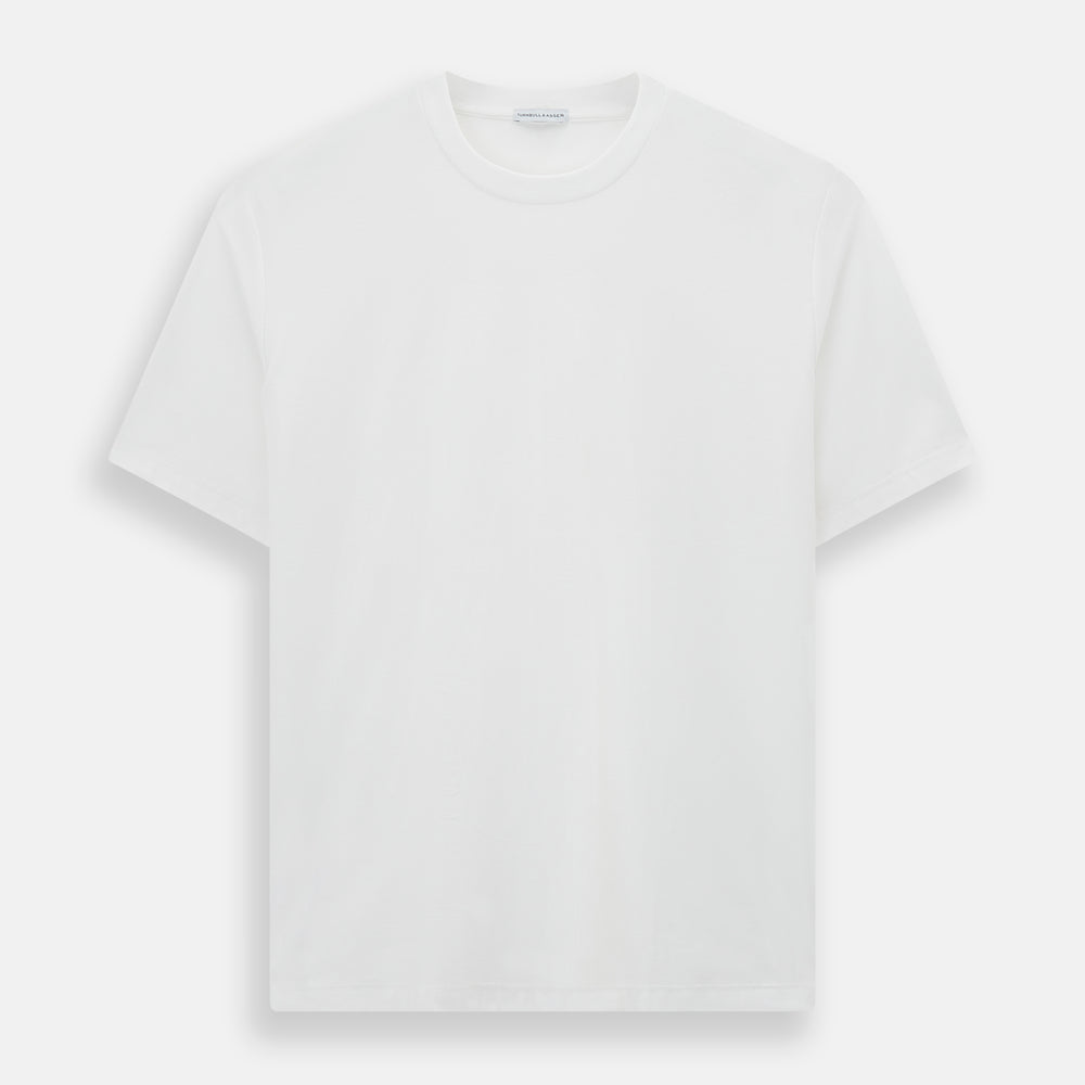 Experience comfort in the Turnbull & Asser White Short-sleeve Pyjama Shirt—a plain crew neck T-shirt laid flat on a white background, perfect as elevated loungewear or a sleek pyjama essential.