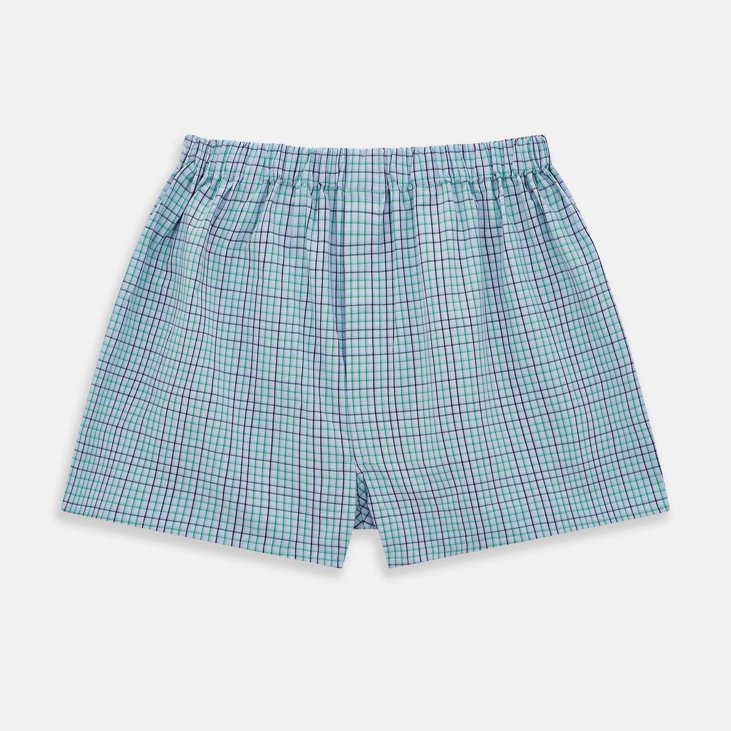 View 4 of product The Pale Blue And Green Multi Check Godfrey Boxer Shorts by Turnbull & Asser feature Italian cotton, an elastic waistband, and a grid of multicolored checks. These luxury men's boxers are shown laid flat on a white background.