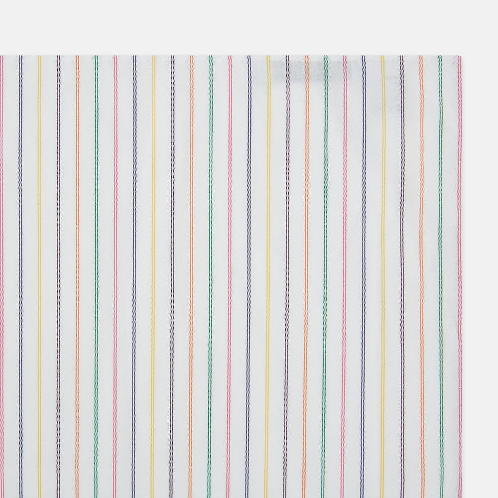 Turnbull & Asser’s Rainbow Double Pinstripe Hand-Rolled Handkerchief features a white square design with slim red, blue, green, and yellow stripes and refined hand-rolled edges.