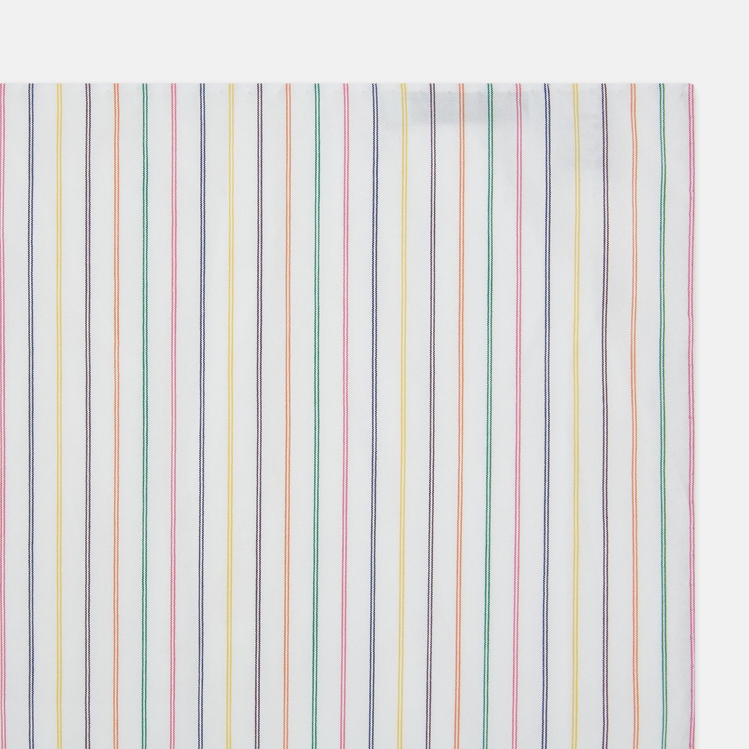 View 2 of product Turnbull & Asser’s Rainbow Double Pinstripe Hand-Rolled Handkerchief features a white square design with slim red, blue, green, and yellow stripes and refined hand-rolled edges.
