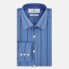 View 5 of product The Turnbull & Asser Colony Blue Track Stripe Mayfair Shirt is crafted from Italian cotton with long sleeves, dark blue track stripes, a classic collar, and buttoned cuffs, shown against a white background.