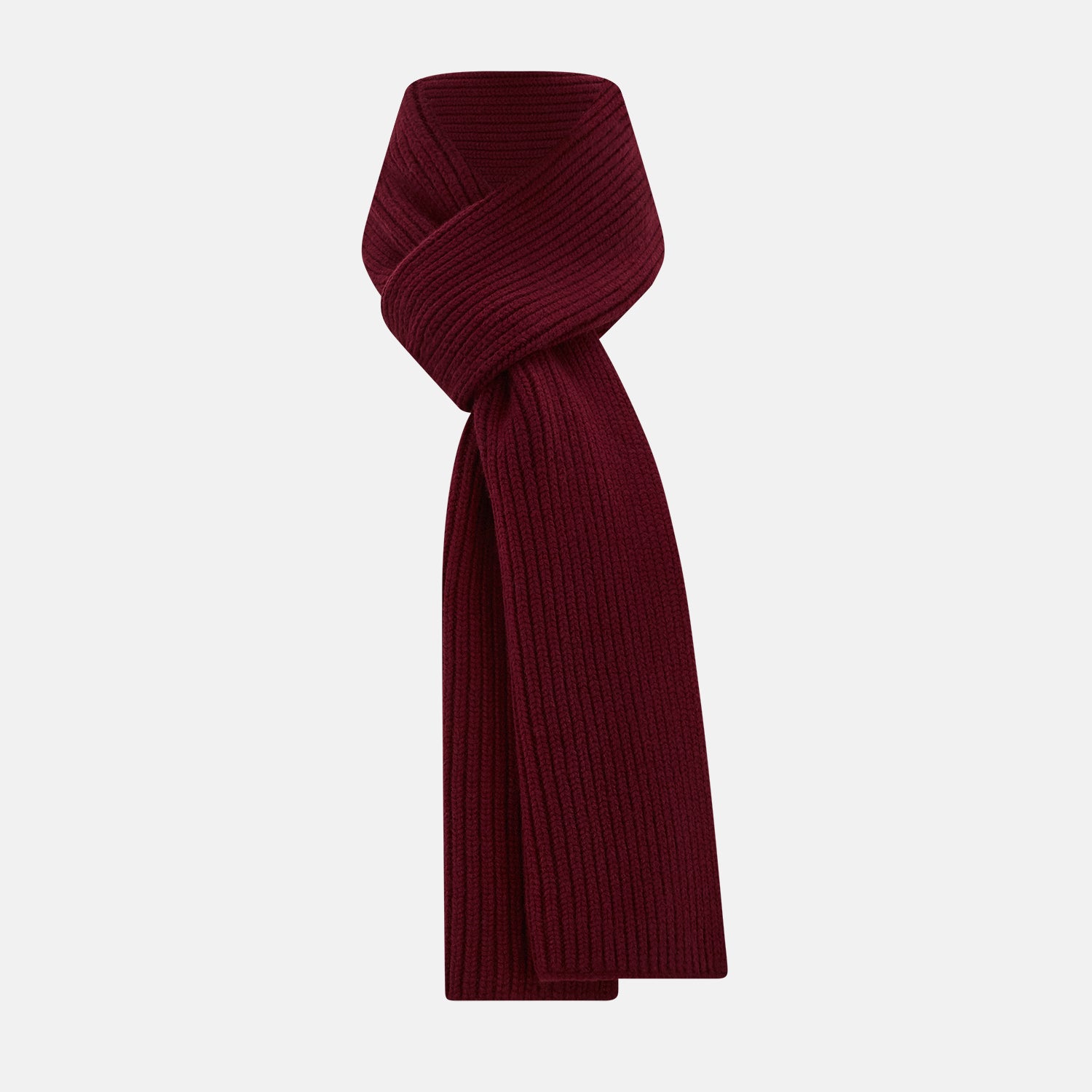 Image 1 of product The Burgundy Rib-Knit Cashmere Scarf by Turnbull & Asser is crossed at the center and set against a plain light gray background—an elegant, luxurious winter accessory.