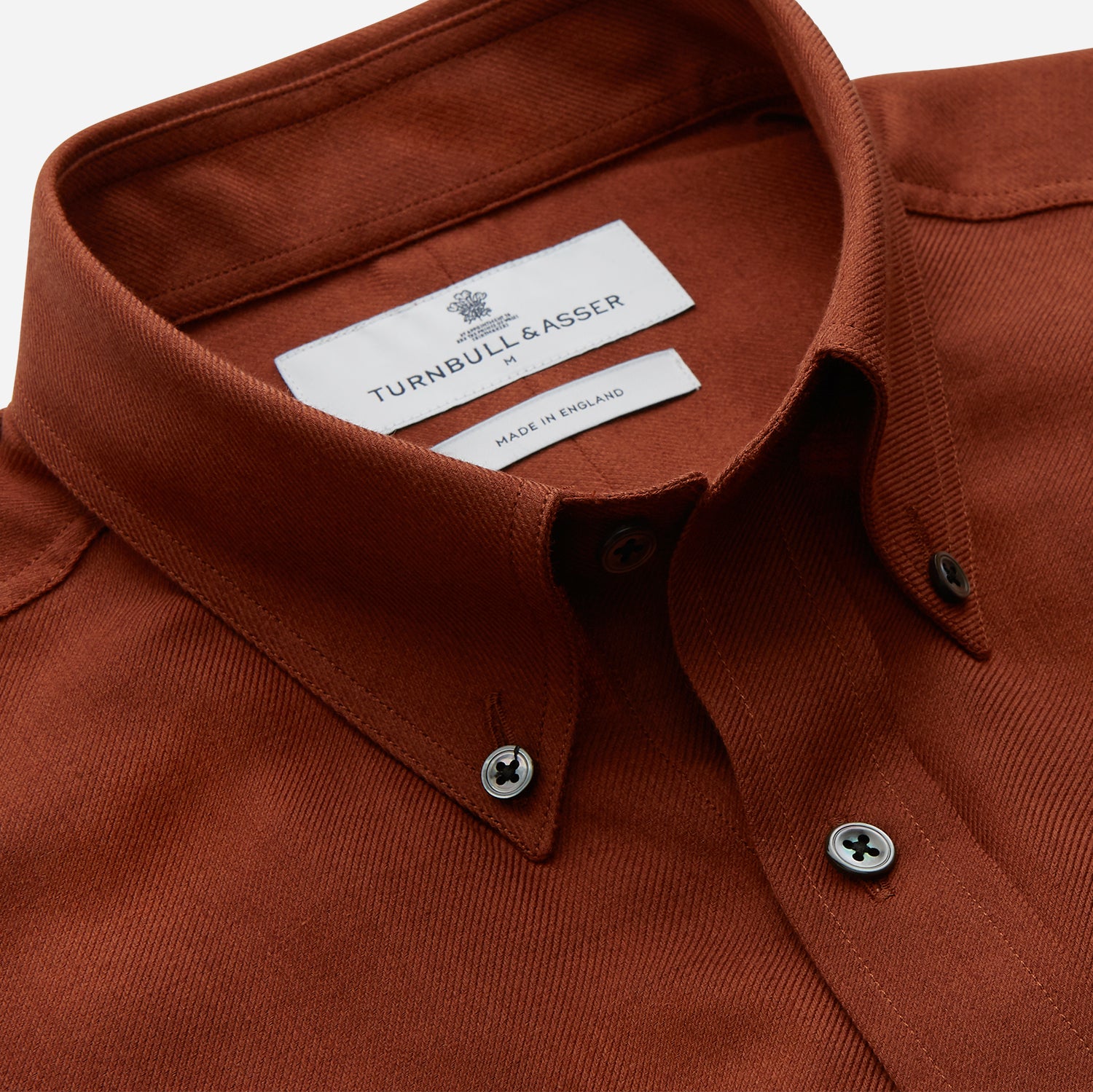 View 2 of product The Turnbull & Asser Burgundy Cotton and Cashmere Weekend Fit Shirt features a Dorset collar, 1-button cuffs, and a relaxed fit, shown flat against a white background.