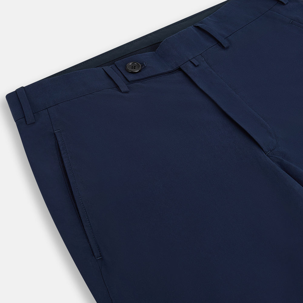 Turnbull & Asser Navy Winston Trousers in high-twist cotton, featuring a straight-leg cut, button and zipper closure, belt loops, and side pockets, displayed on a plain white background.