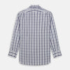 View 3 of product The Turnbull & Asser Navy Plaid Check Mayfair Shirt is crafted from pure cotton in white and navy checks, featuring a pointed collar and buttoned cuffs—perfect for formal looks.
