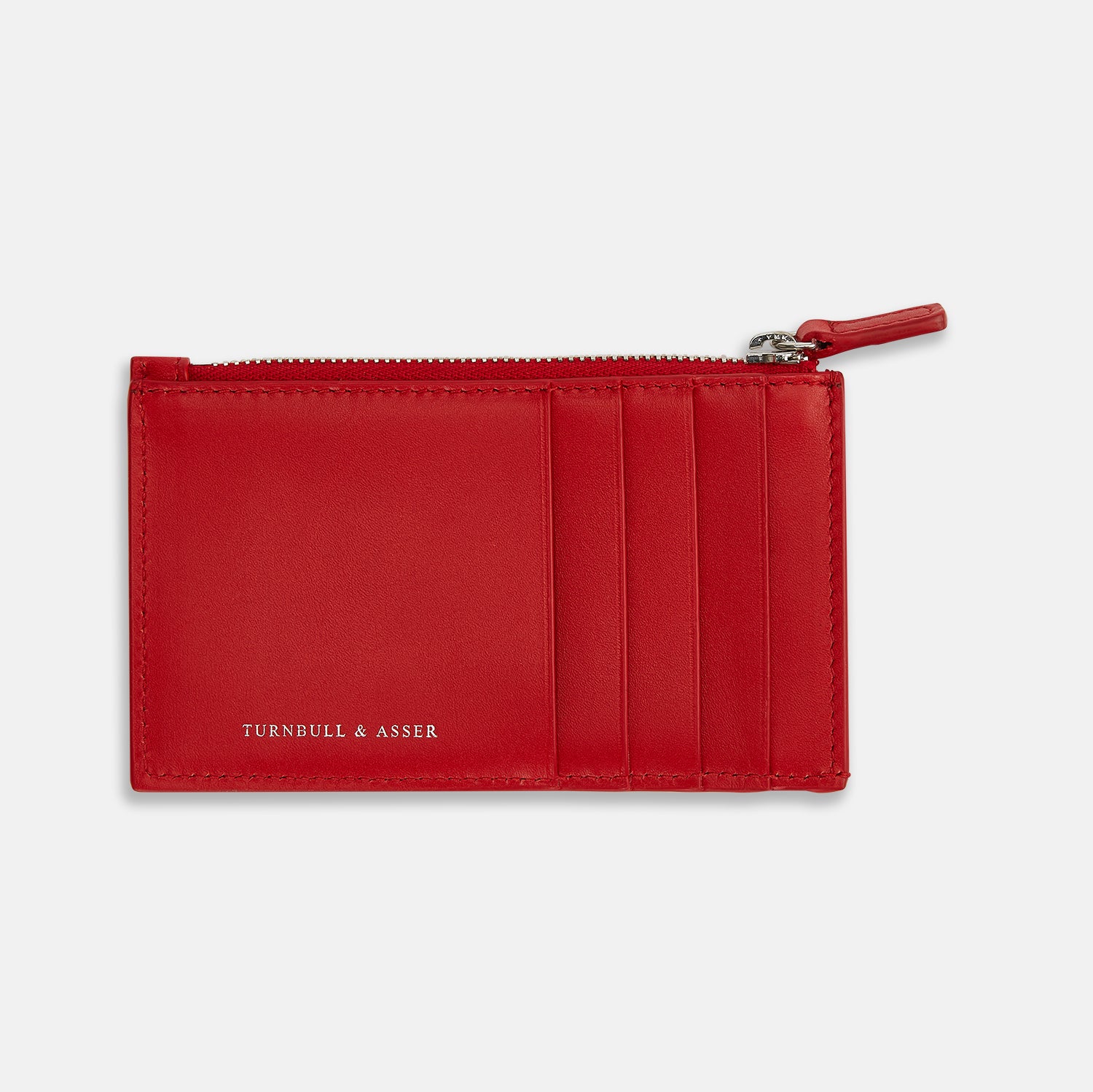 Image 1 of product The Red Leather Zip Coin and Card Holder by Turnbull & Asser features four card slots, a slim pocket, a zip compartment, and white embossed branding on the front.