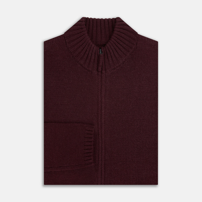 Burgundy Merino High Neck Zipped Cardigan Image 3