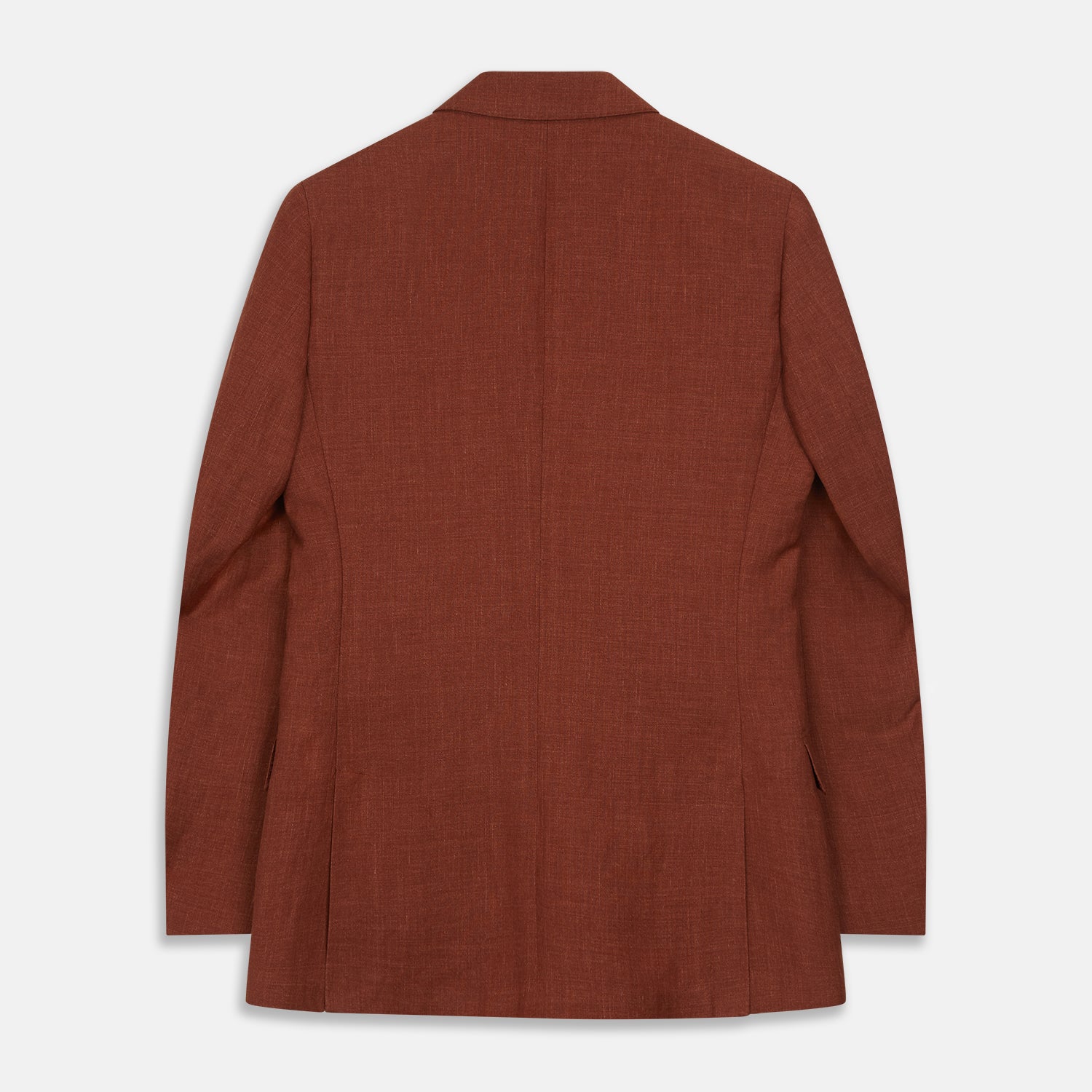 View 7 of product The Turnbull & Asser Rust Linen-Wool-Silk Bertie Blazer is a red double-breasted jacket with peak lapels, black buttons, and flap pockets, tailored in Italy from a luxury linen-wool-silk blend and shown on a white background.