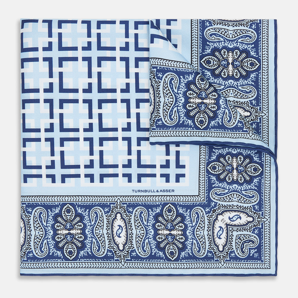 Blue Square-Patterned and Paisley Patterned Silk Pocket Square