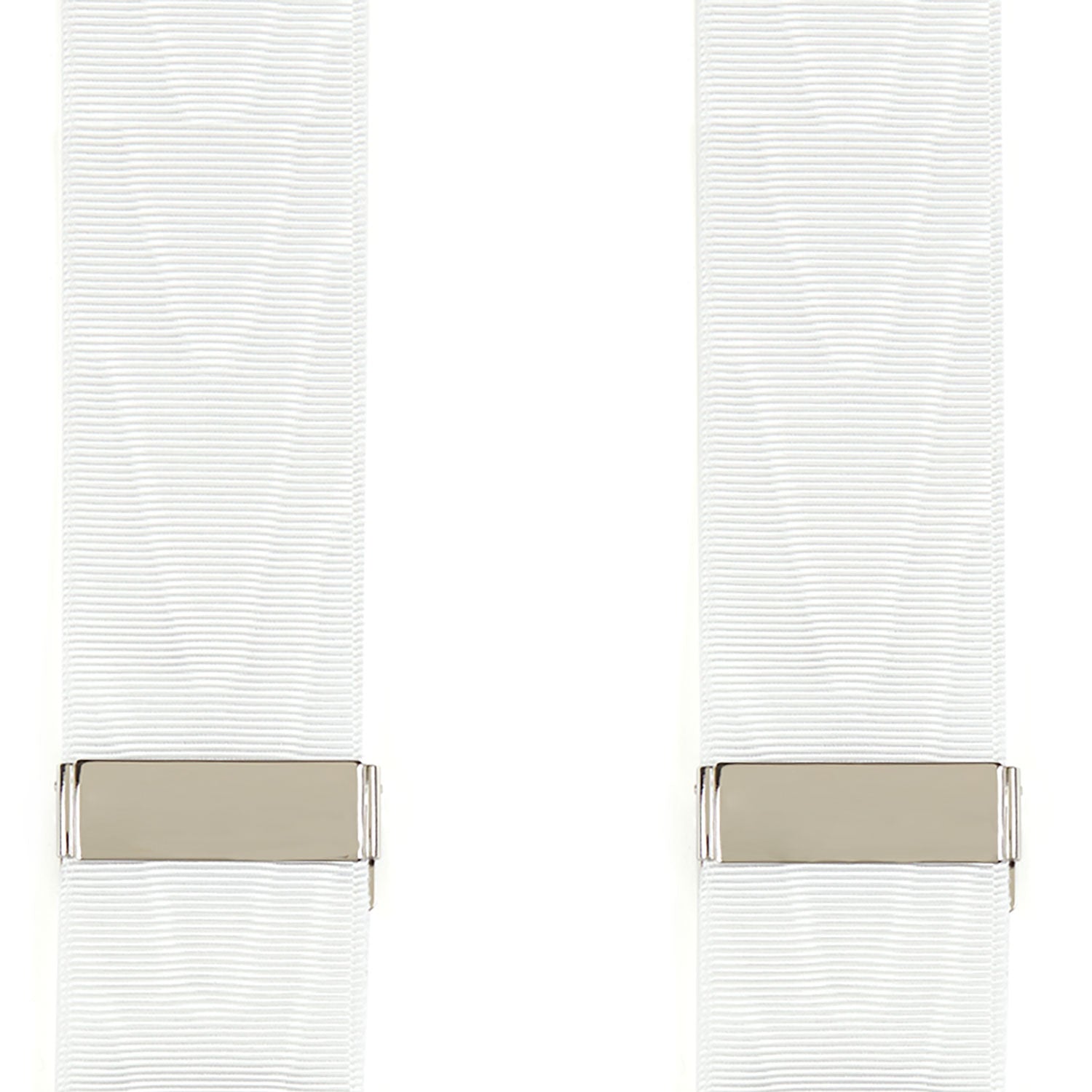 View 5 of product Turnbull & Asser White Adjustable Formal Braces with silver buckles and split leather ends, made in England, displayed on a light gray background.