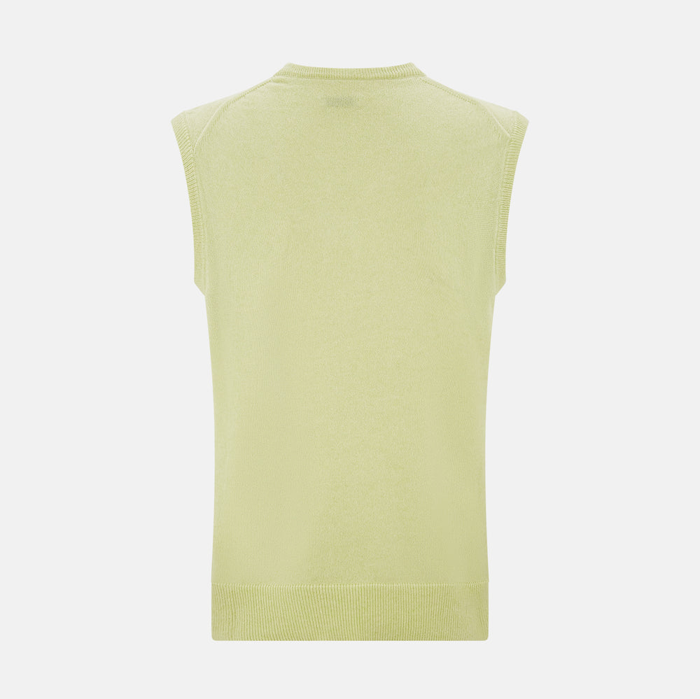 The Turnbull & Asser Melon Green V-neck Cashmere Vest features a ribbed hem and sleeveless design, ideal for a distinguished look. Presented against a plain white background.