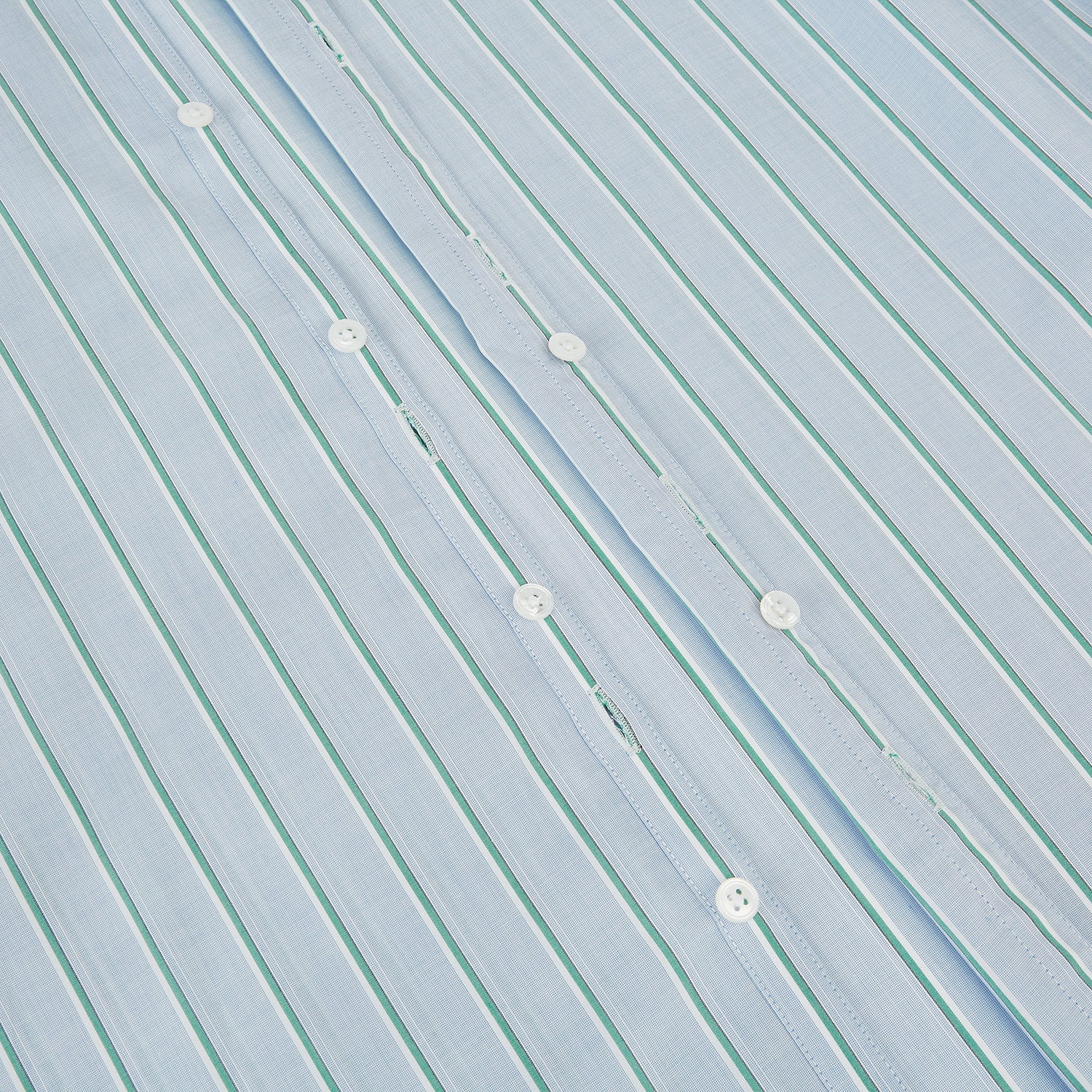 Image 7 of product Blue and green multi-stripe Westminster shirt by Turnbull & Asser, featuring a pointed collar and buttoned cuffs—a refined example of British craftsmanship on a plain white background.
