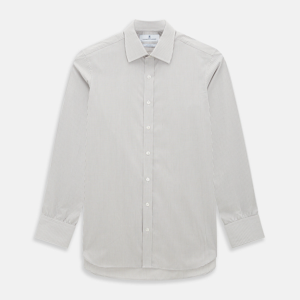 The Turnbull & Asser Grey Micro Shadow Check Mayfair Shirt is crafted from premium Italian cotton with long sleeves, a collar, and buttoned cuffs, shown folded flat against a white background.