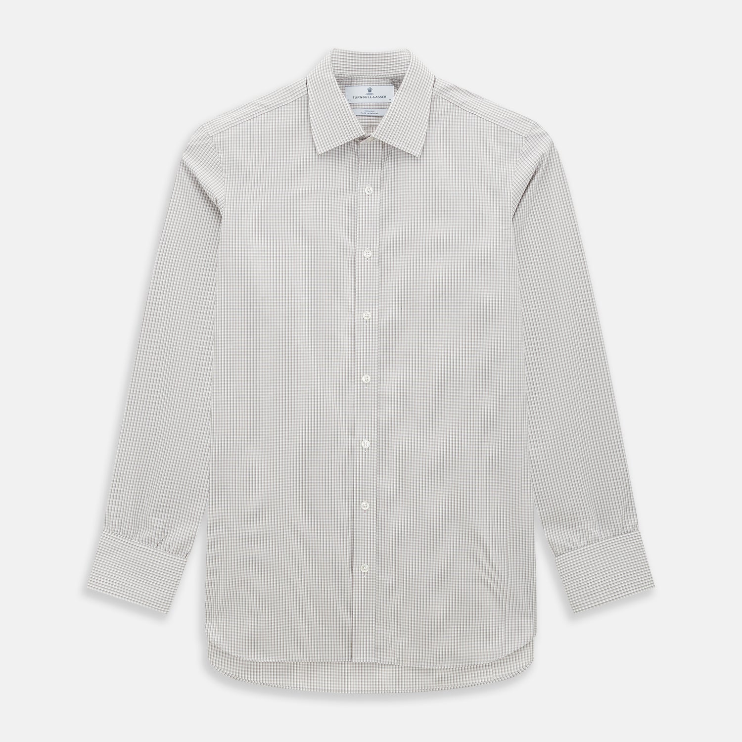 View 1 of product The Turnbull & Asser Grey Micro Shadow Check Mayfair Shirt is crafted from premium Italian cotton with long sleeves, a collar, and buttoned cuffs, shown folded flat against a white background.