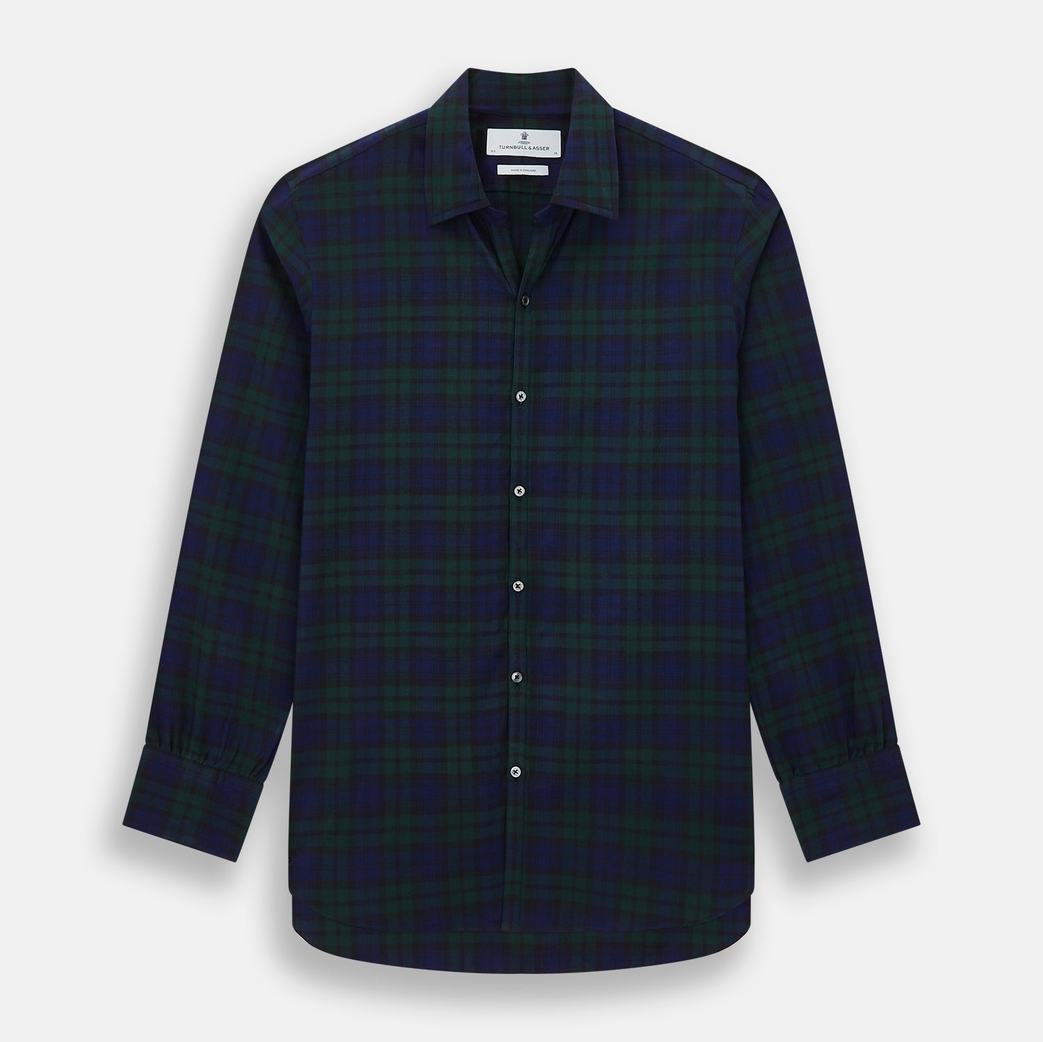 View 1 of product The Turnbull & Asser Black Watch Tartan Windsor Shirt is a long-sleeve, button-up shirt with a dark green and navy tartan pattern, white buttons, collar, and curved hem—showcasing British craftsmanship on a plain white background.