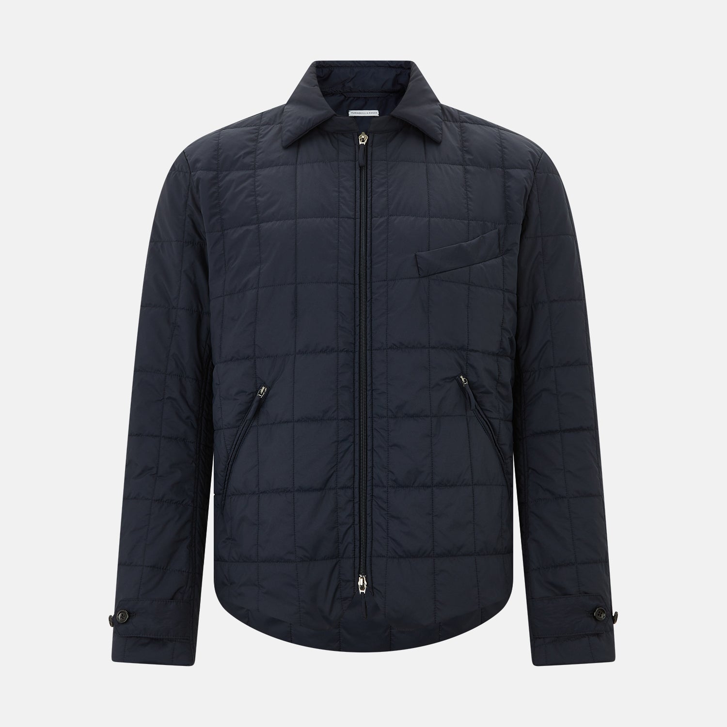 View 1 of product The Turnbull & Asser Battersea Navy Quilted Jacket features a versatile quilted design with a front zipper, zippered pockets, collared neckline, buttoned cuffs, and a subtle square pattern—perfect for the modern gentleman.