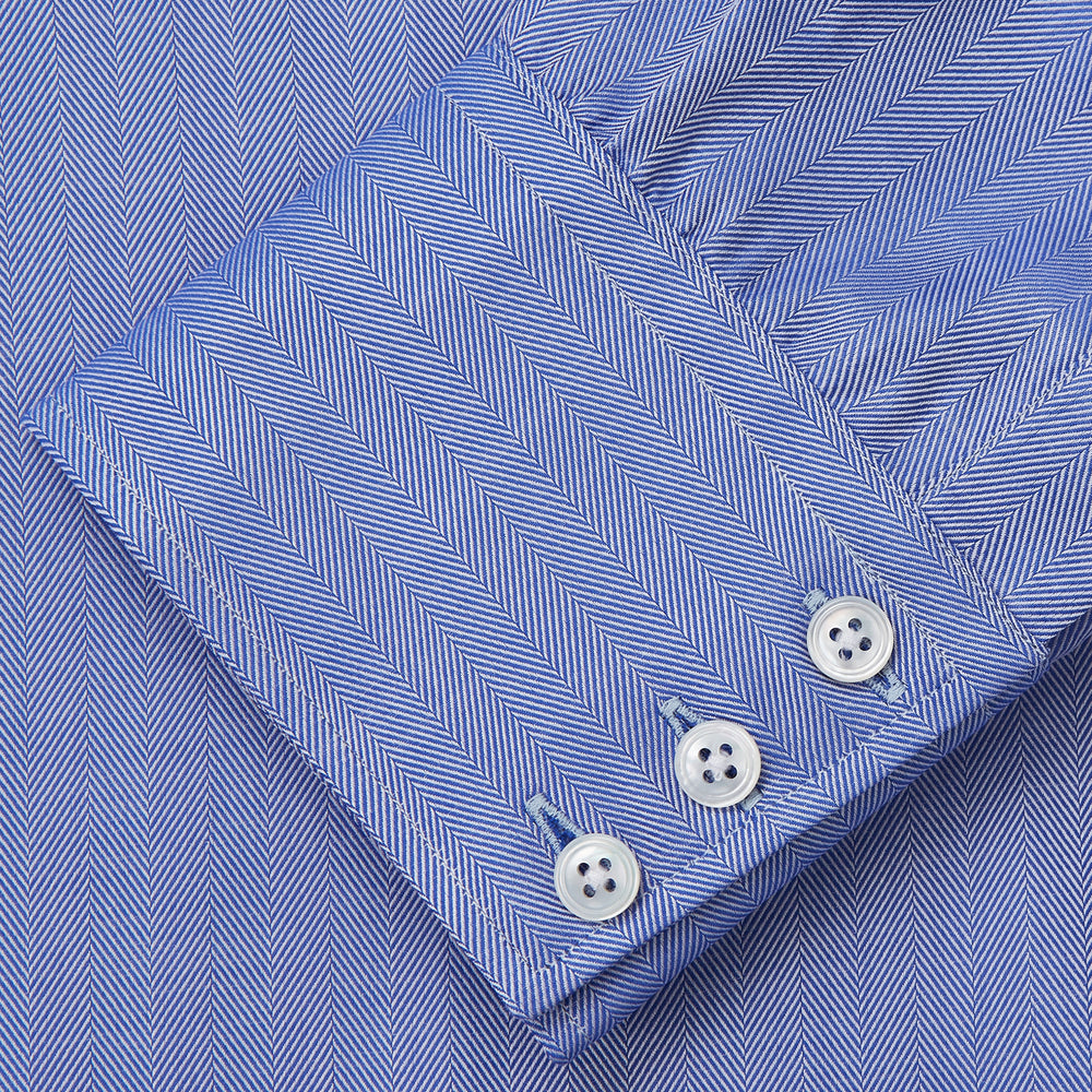 Blue Herringbone Tailored Fit Shirt With Kent Collar