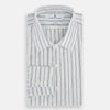 View 5 of product A Forest Green Multi Stripe Westminster Shirt by Turnbull & Asser, featuring thin green stripes on white and expert British craftsmanship, is neatly laid flat with visible cuffs.