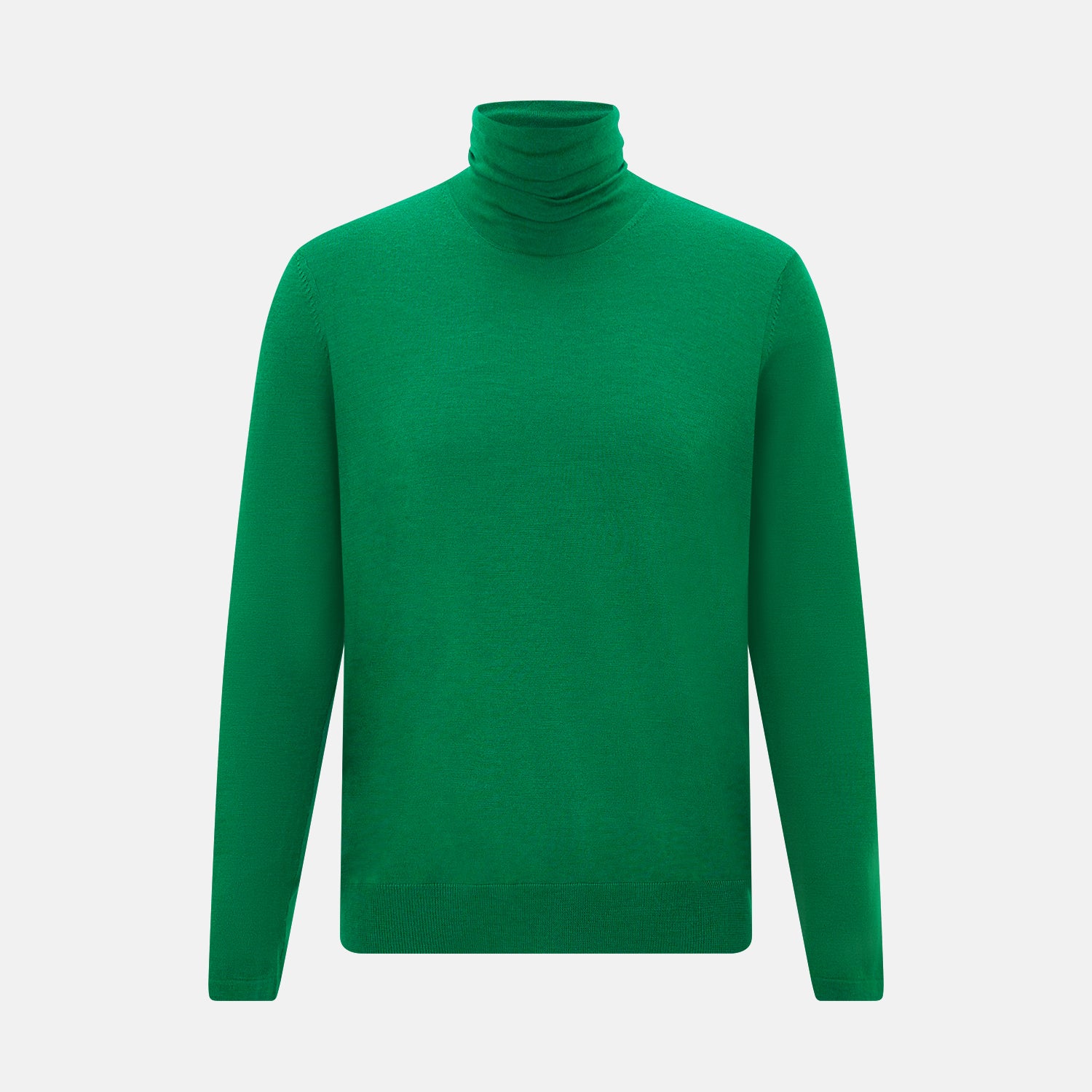 View 1 of product The Turnbull & Asser Hunter Green Fine Merino High Neck Jumper features a classic long-sleeve turtleneck style, crafted from soft merino wool and displayed against a crisp white background.
