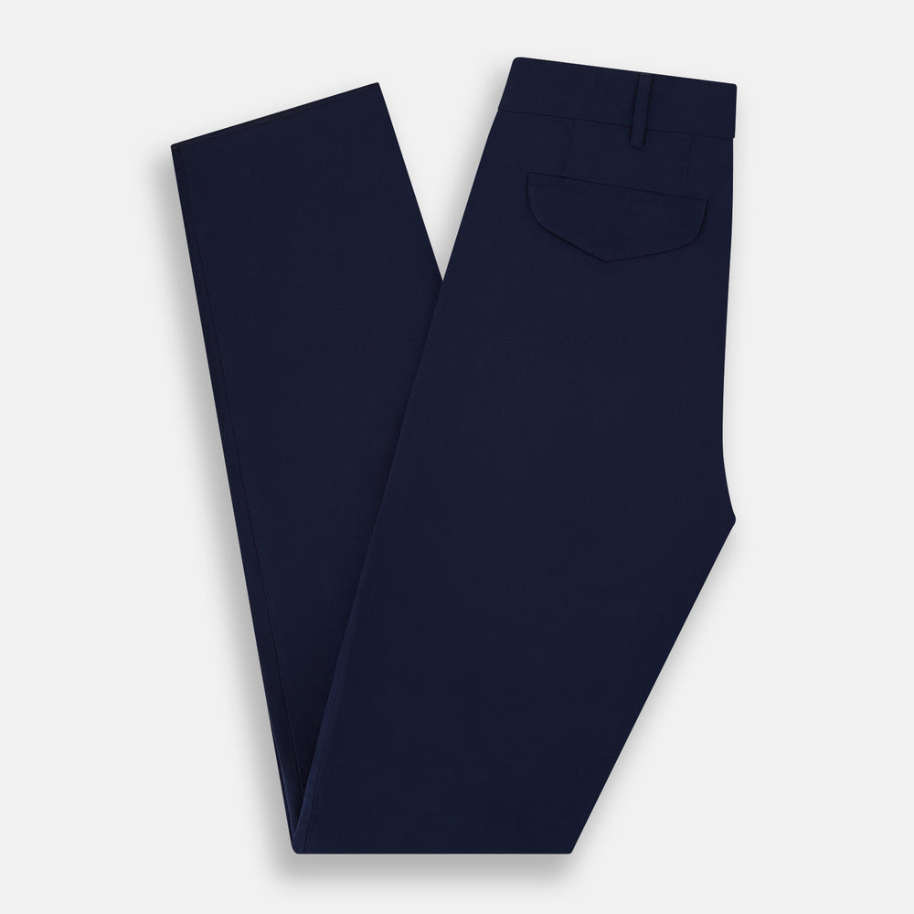 Turnbull & Asser Navy Winston Trousers in high-twist cotton, featuring a straight-leg cut, button and zipper closure, belt loops, and side pockets, displayed on a plain white background.