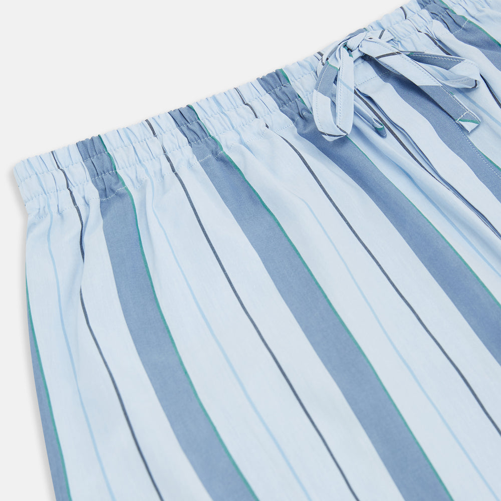 Turnbull & Asser's Blue Multi Stripe Pyjama Trousers feature light blue cotton with a blue multi-stripe pattern, an elastic waistband, and front drawstring, shown laid flat on a white background.