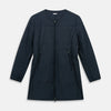 View 7 of product A Navy John Arthur Trench Coat by Turnbull & Asser, featuring a collar, button closure, adjustable cuff straps, two slanted front pockets, and a chest zip pocket, is displayed flat on a white background.