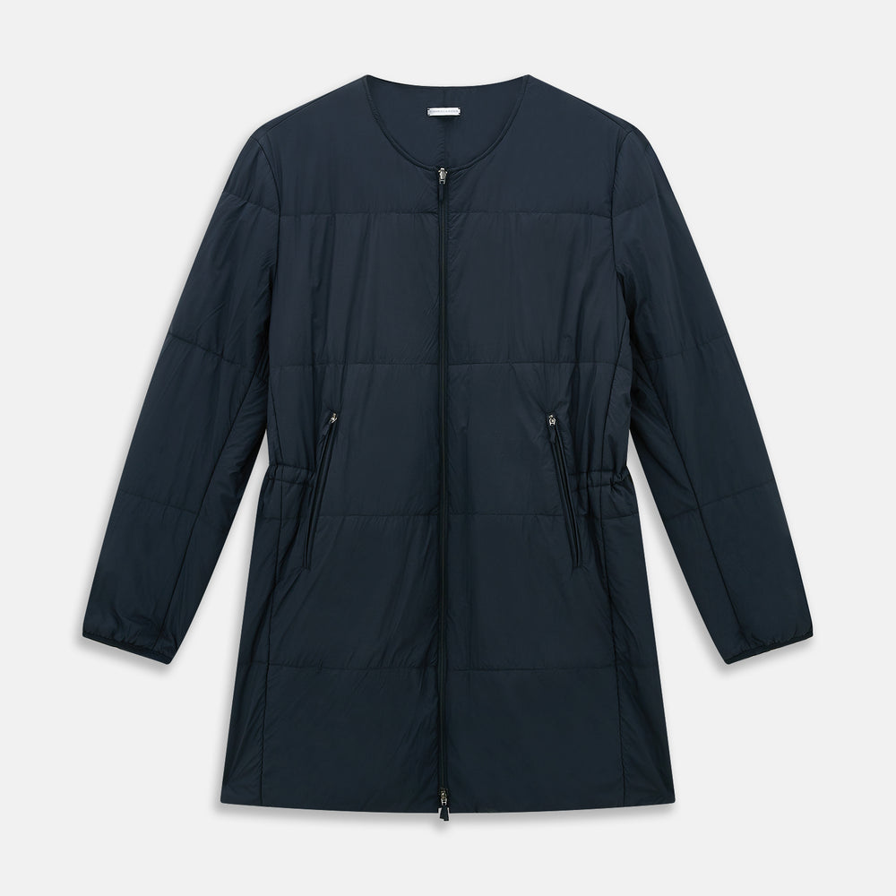 A Navy John Arthur Trench Coat by Turnbull & Asser, featuring a collar, button closure, adjustable cuff straps, two slanted front pockets, and a chest zip pocket, is displayed flat on a white background.