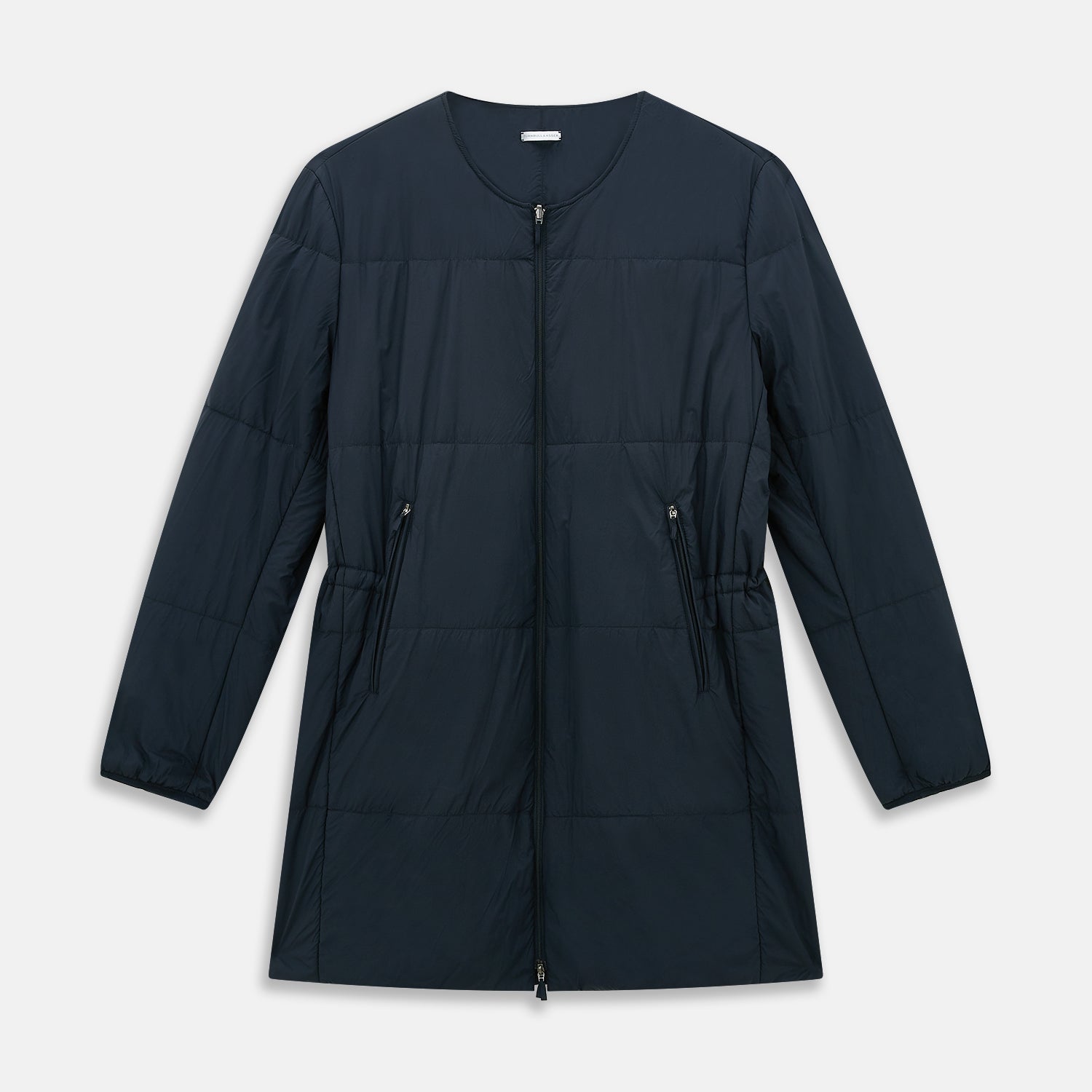 View 7 of product A Navy John Arthur Trench Coat by Turnbull & Asser, featuring a collar, button closure, adjustable cuff straps, two slanted front pockets, and a chest zip pocket, is displayed flat on a white background.