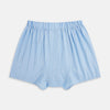 View 2 of product Turnbull & Asser White and Blue Stripe Godfrey Boxer Shorts, crafted from premium Italian cotton with vertical white pinstripes, an elastic waistband, and a loose fit, are shown laid flat on a white background.