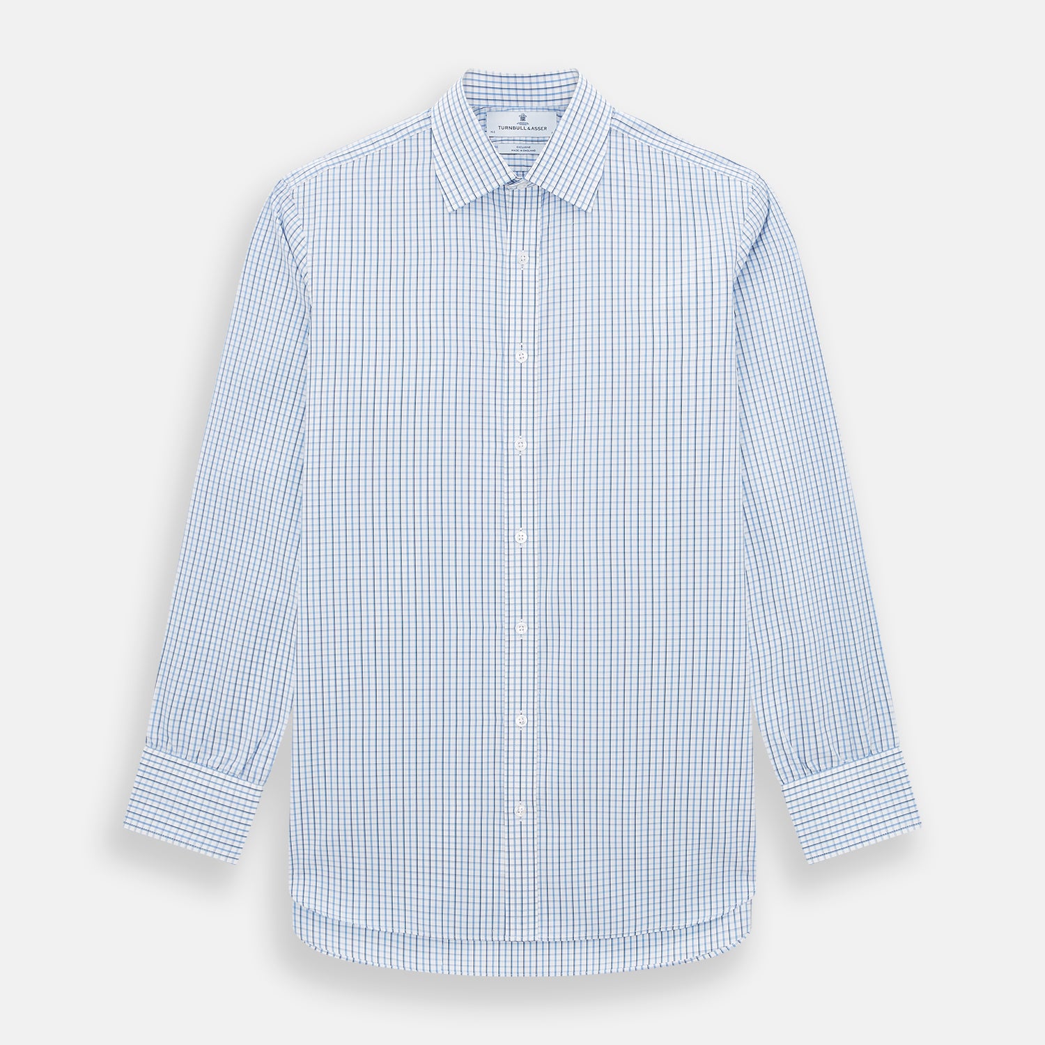 View 1 of product The Turnbull & Asser Blue and Navy Tattersall Check Mayfair Shirt features long sleeves, a button-up front, and a T&A collar in the classic Mayfair fit, shown flat against a white background.