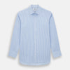 View 1 of product The Turnbull & Asser Blue Bengal Stripe Mayfair Shirt features light blue and white vertical stripes, a classic T&A collar, white buttons, and buttoned cuffs. Laid flat on a white background.
