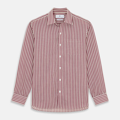Burgundy Multi Stripe Weekend Fit Wool Shirt with Derby Collar and 1 Button Cuffs