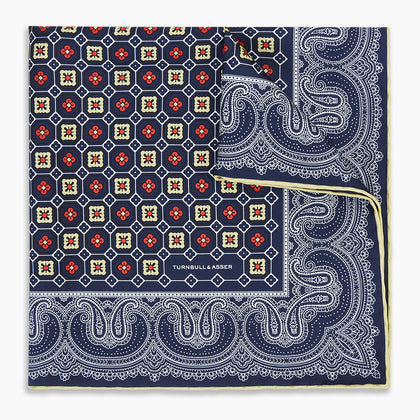 Dark Navy Floral Tile and Paisley Silk Pocket Square