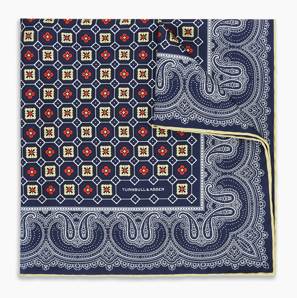 Dark Navy Floral Tile and Paisley Silk Pocket Square