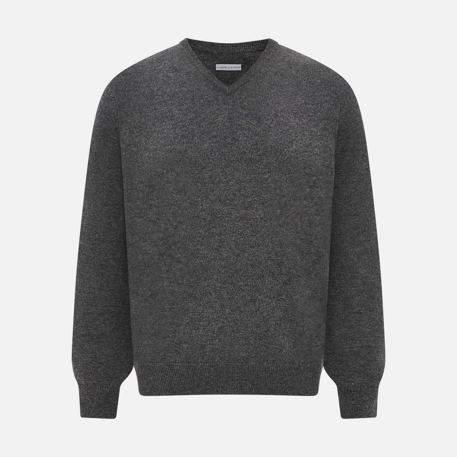 View 1 of product The Charcoal Grey Cashmere V-neck Jumper by Turnbull & Asser features ribbed cuffs, hem, and neckline—an essential knitwear piece, shown on a white background.