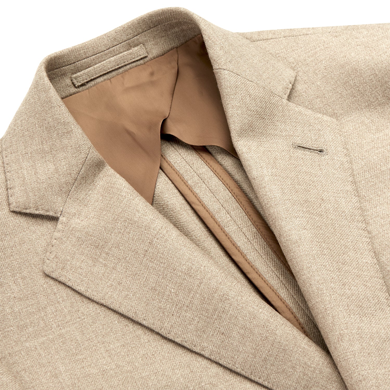 View 4 of product A man wearing the Beige Wool, Silk and Cashmere Bern Jacket by Turnbull & Asser over a matching shirt and olive green pants stands against a plain light gray background, looking to his left with a neutral expression.