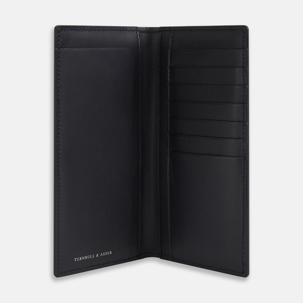 A navy, rectangular men's wallet—the B Cut Continental Wallet by Turnbull & Asser—made from smooth leather with visible edge stitching, shown closed against a plain white background.