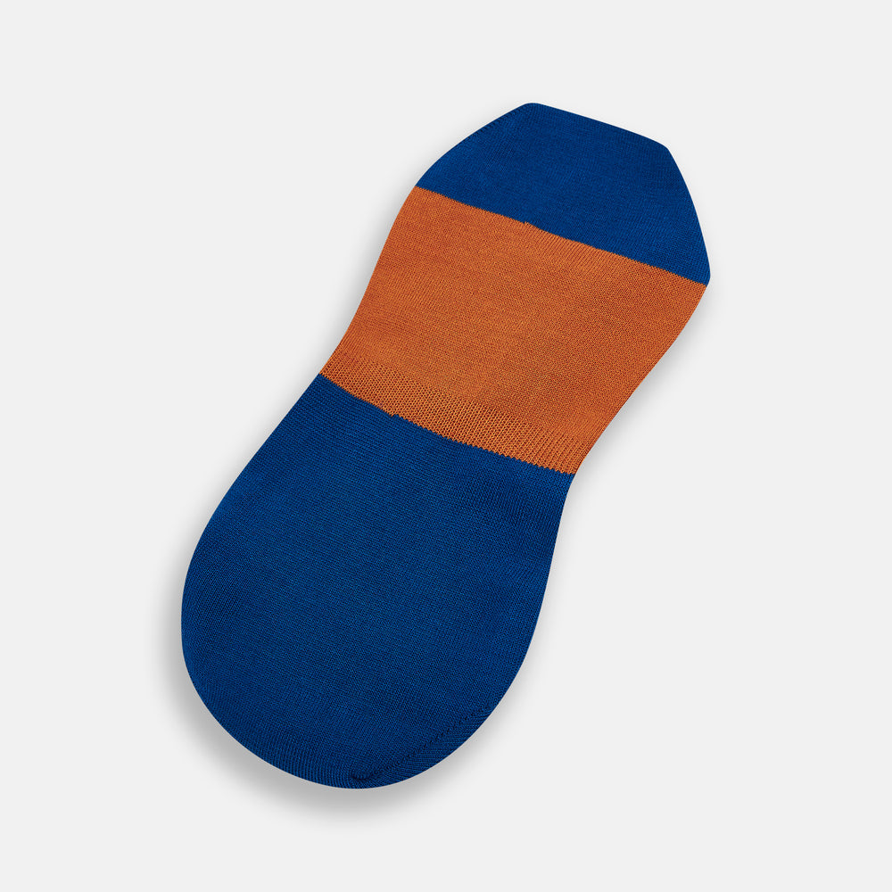 The Turnbull & Asser Royal Blue & Orange No-Show Socks are soft cotton, low-cut socks with a royal blue heel and toe, orange midsection, and blue lining, shown on a plain white background.