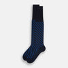 View 2 of product The Turnbull & Asser Navy Diagonal Striped Long Sock, crafted from premium mercerised Egyptian cotton, is shown solo on a plain white background.