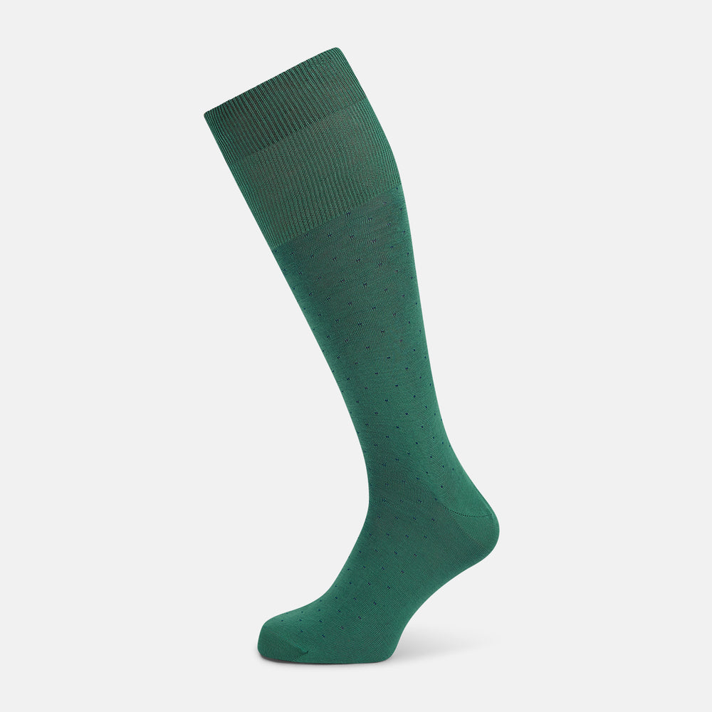 Turnbull & Asser's Forest Green/Navy Polka Dot Long Sock, made from mercerised Egyptian cotton, features a subtle dotted pattern and is shown against a plain white background.