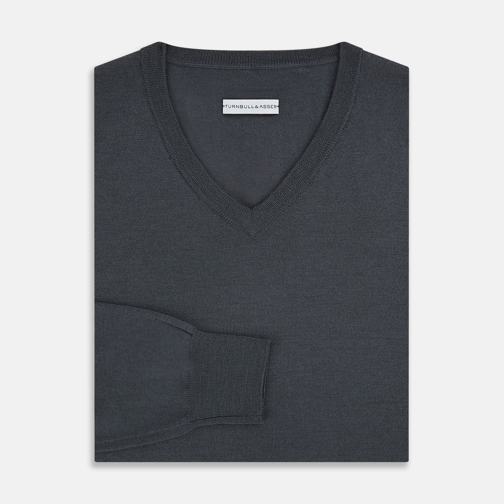 Charcoal Grey Merino V-Neck Jumper – Turnbull Asser