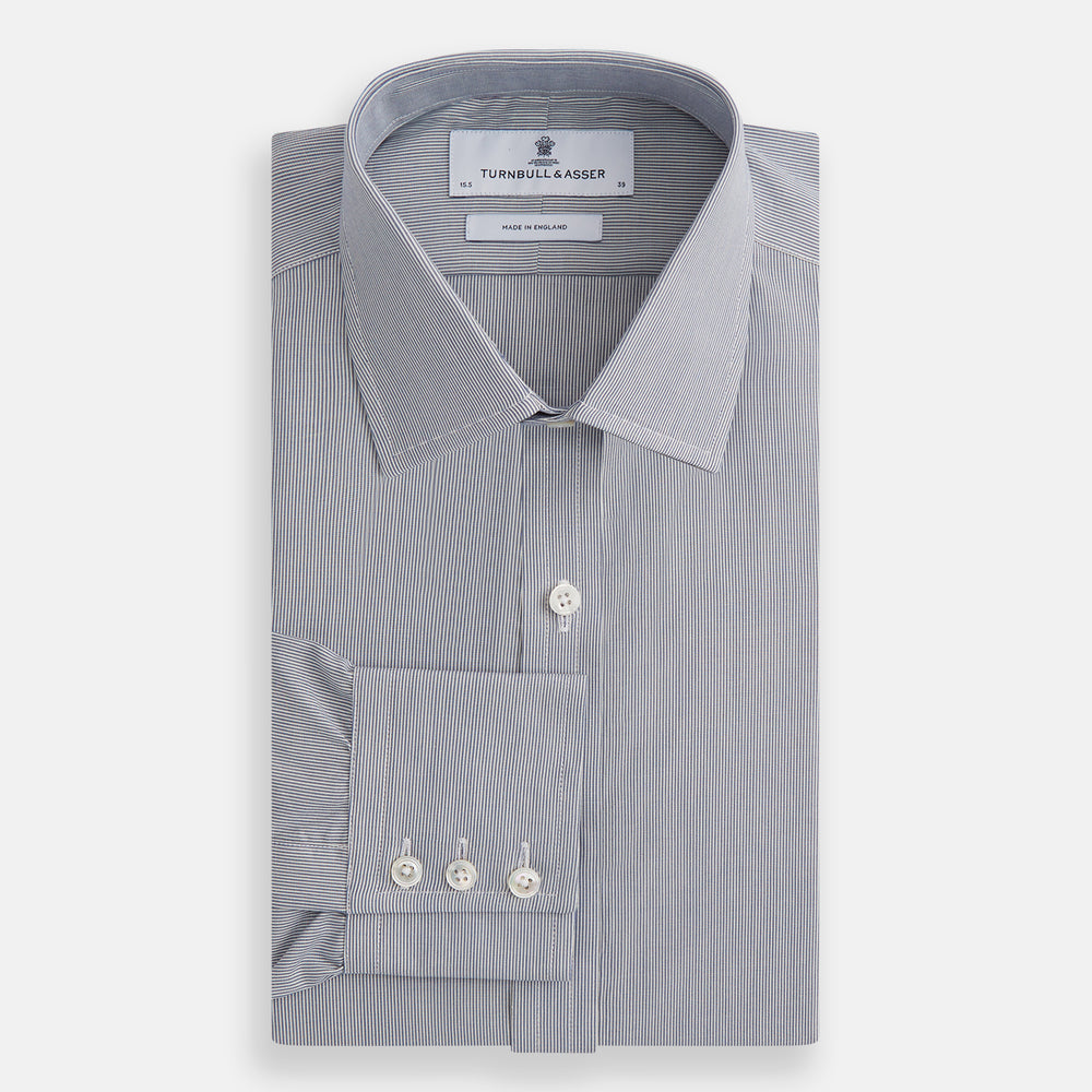 The Blue Fine Stripe Mayfair Shirt by Turnbull & Asser is a long-sleeve button-up with a sharp T&A collar and blue fine stripes, shown flat on a white background.
