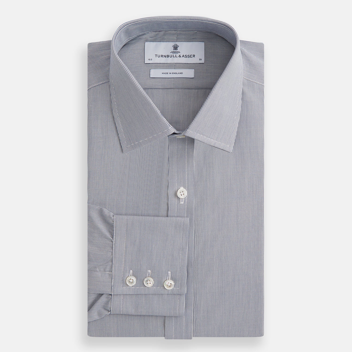 View 4 of product The Blue Fine Stripe Mayfair Shirt by Turnbull & Asser is a long-sleeve button-up with a sharp T&A collar and blue fine stripes, shown flat on a white background.
