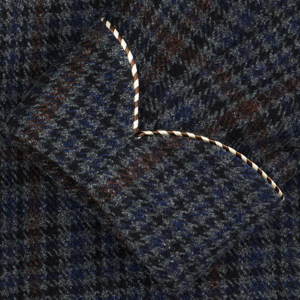 The Turnbull & Asser Charcoal Grey Check Wool Pierce Gown features a long, gown-style silhouette with a shawl collar, wrap-around belt, cuffed sleeves, and white edge stitching, shown against a plain white background.