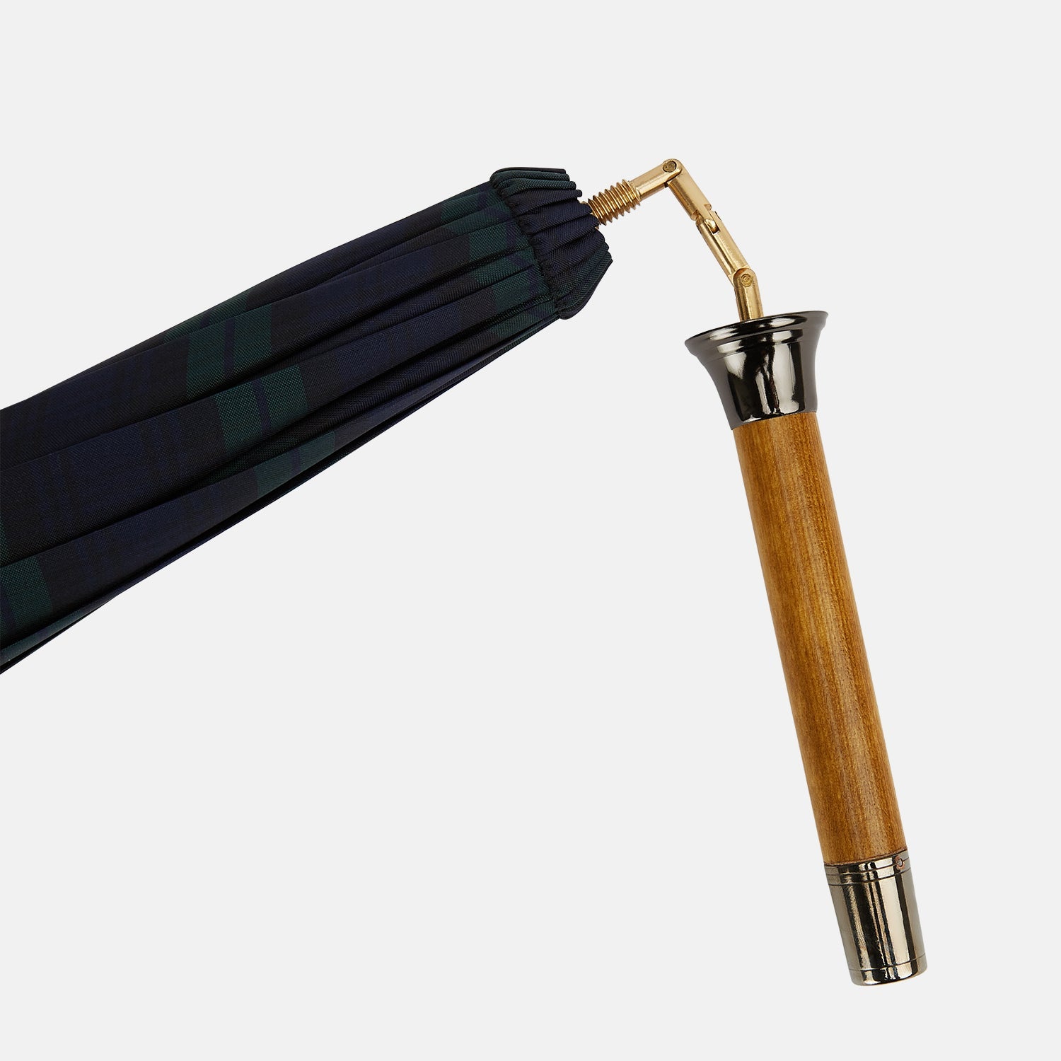 View 3 of product The Turnbull & Asser Black Watch Tartan Traveller Umbrella features a Malacca crook handle and a dark green and navy blue plaid canopy, shown against a plain white background.