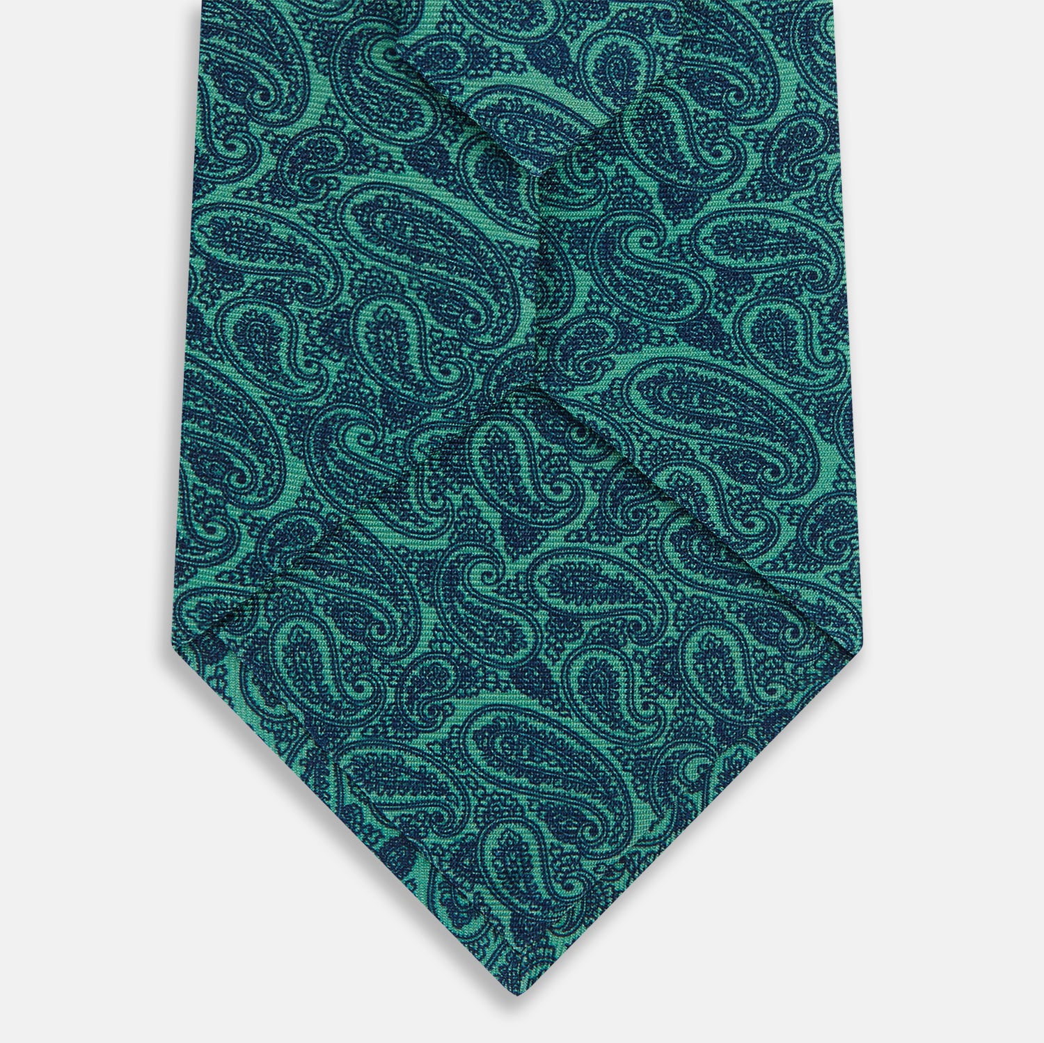 View 3 of product The Kelly Green Paisley Printed Silk Tie by Turnbull & Asser features an elegant paisley pattern and is expertly crafted from luxurious English silk.